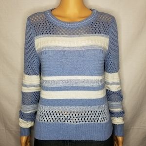 Margaret O'Leary Light Blue and White Striped Open-Knit Crewneck Sweater